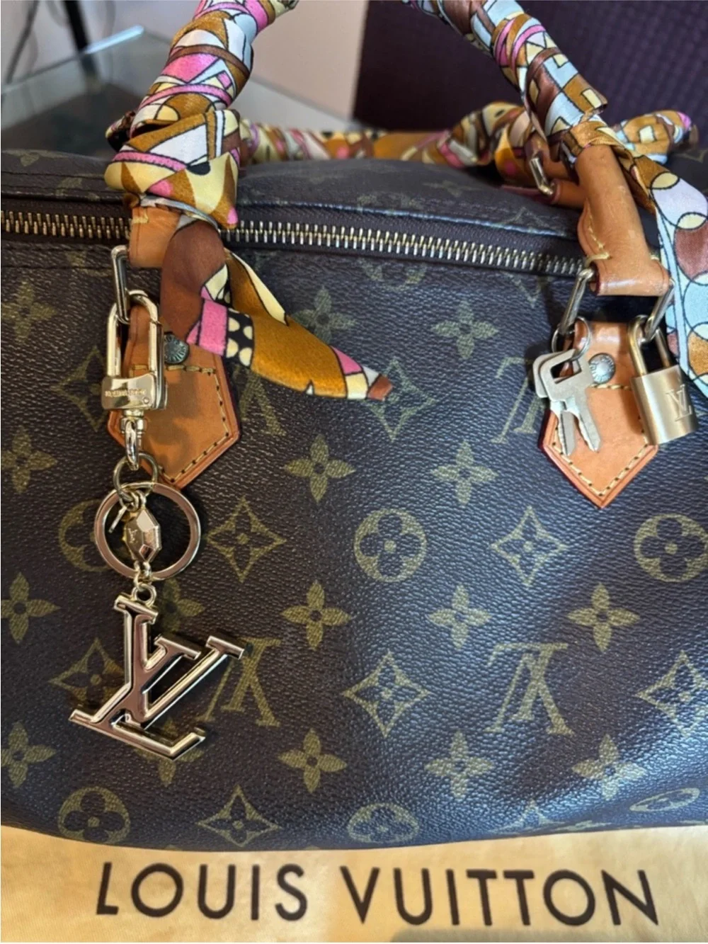 Louis Vuitton Monogram Canvas Satchel with Pink-Accented Handle Scarf